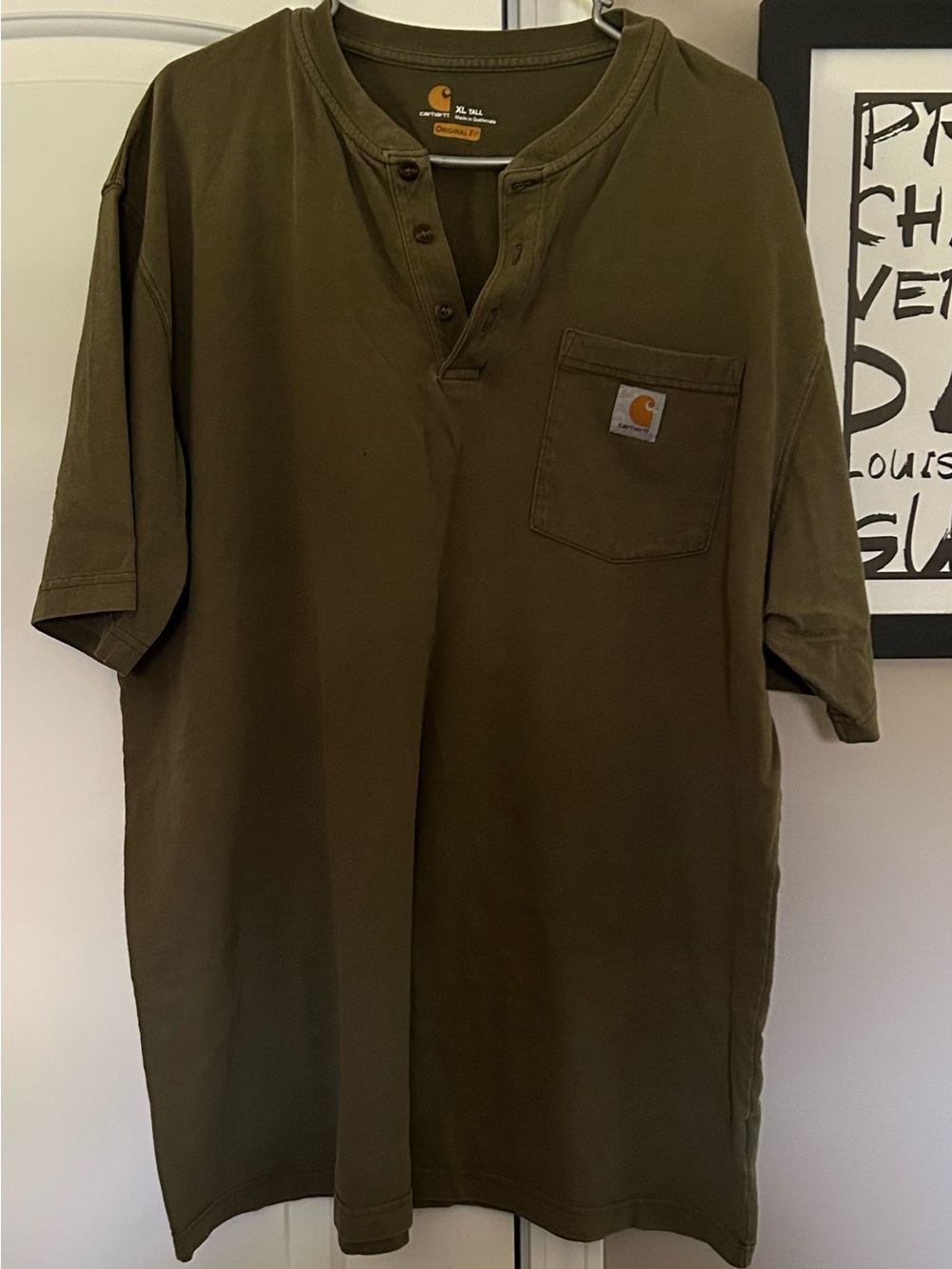 Carhartt Olive Green Short-Sleeve Henley with Chest Pocket